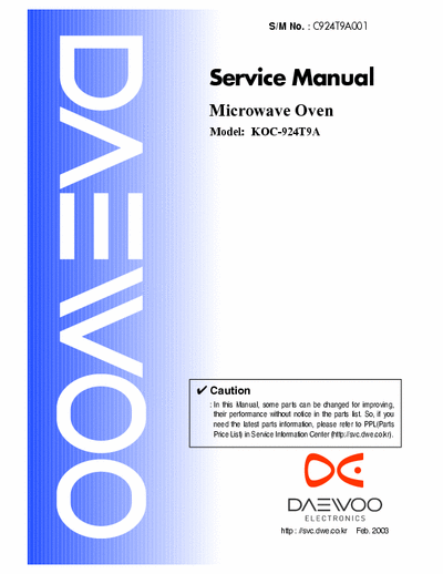 Daewoo KOC-924T9A Service Manual Microwave Oven - pag. 39